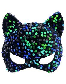 Blue Green Sequined Sequin Party Mask on Black Velvet Fabric 16x14 cm