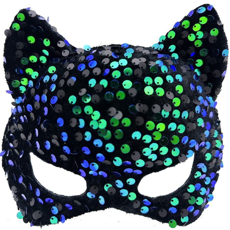 Blue Green Sequined Sequin Party Mask on Black Velvet Fabric 16x14 cm