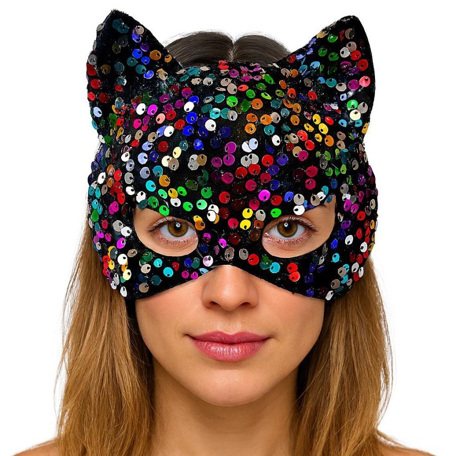 Colorful Sequined Sequin Party Mask on Black Velvet Fabric 16x14 cm