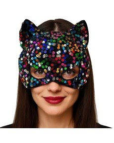 Colorful Sequined Sequin Party Mask on Black Velvet Fabric 16x14 cm