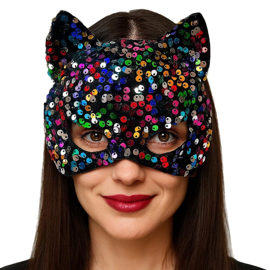 Colorful Sequined Sequin Party Mask on Black Velvet Fabric 16x14 cm