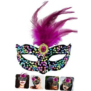 Black Velvet, Colorful Sequined Sequins, Pink Feathers, Pink Stone Party Mask 19x21 cm