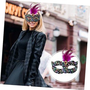 Black Velvet, Colorful Sequined Sequins, Pink Feathers, Pink Stone Party Mask 19x21 cm