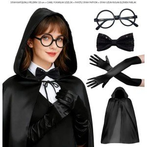 Black Hooded Wizard and Witch Cloak Costume Set (4 Pieces)