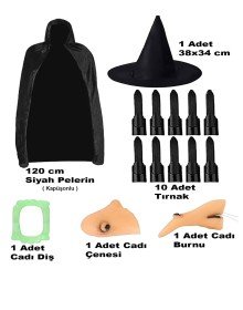 Black Hooded Cloak 120 cm Nails Teeth Chin Nose and Hat Set