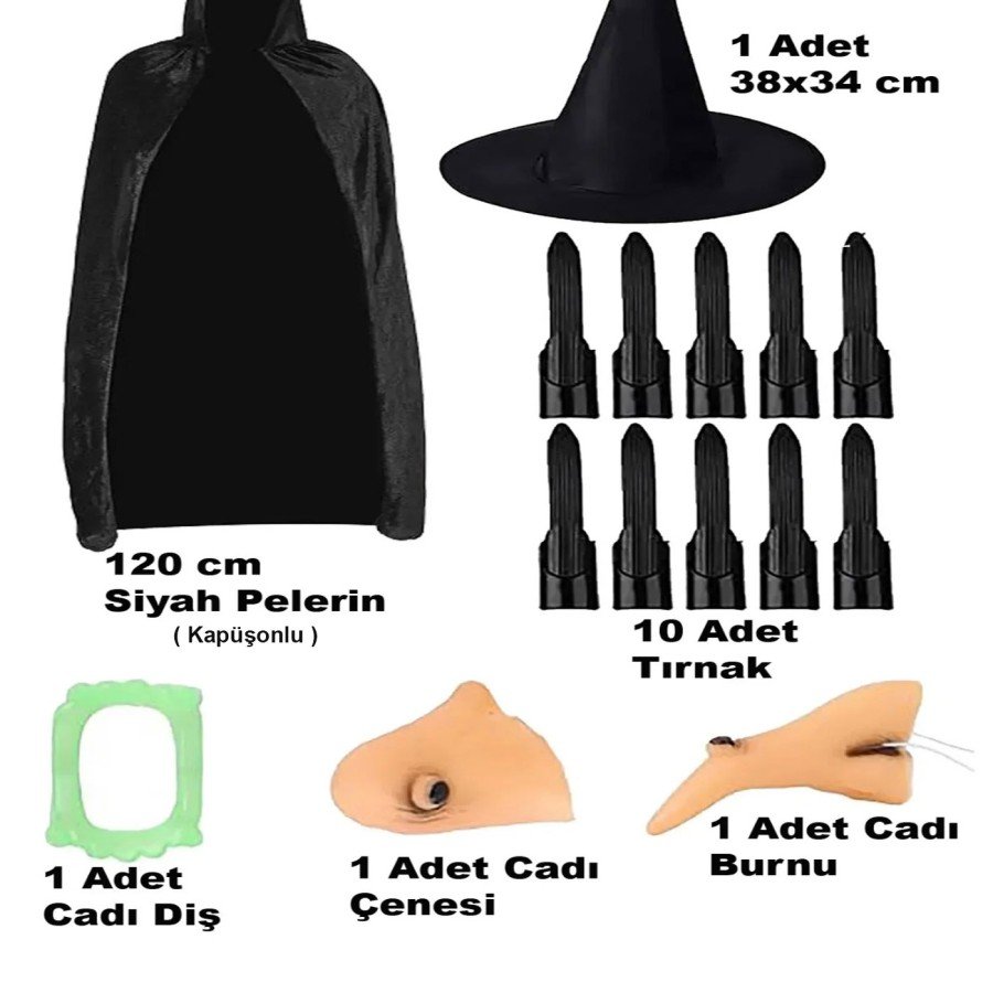 Black Hooded Cloak 120 cm Nails Teeth Chin Nose and Hat Set Black Hooded Cloak 120 cm Nails Teeth Chin Nose and Hat Set