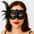 Black Matte Color Party Prom Venetian Mask with Side Feathers and Roses 16x22