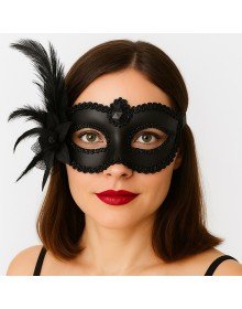 Black Matte Color Party Prom Venetian Mask with Side Feathers and Roses 16x22