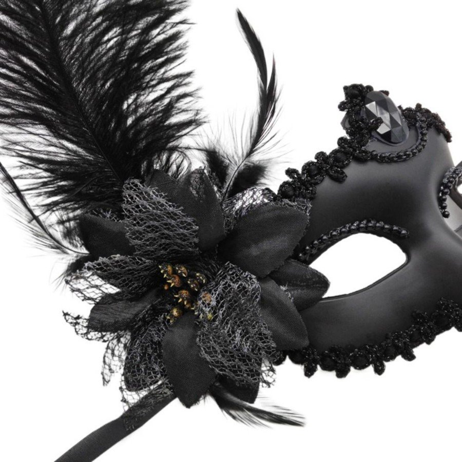 Black Matte Color Party Prom Venetian Mask with Side Feathers and Roses 16x22