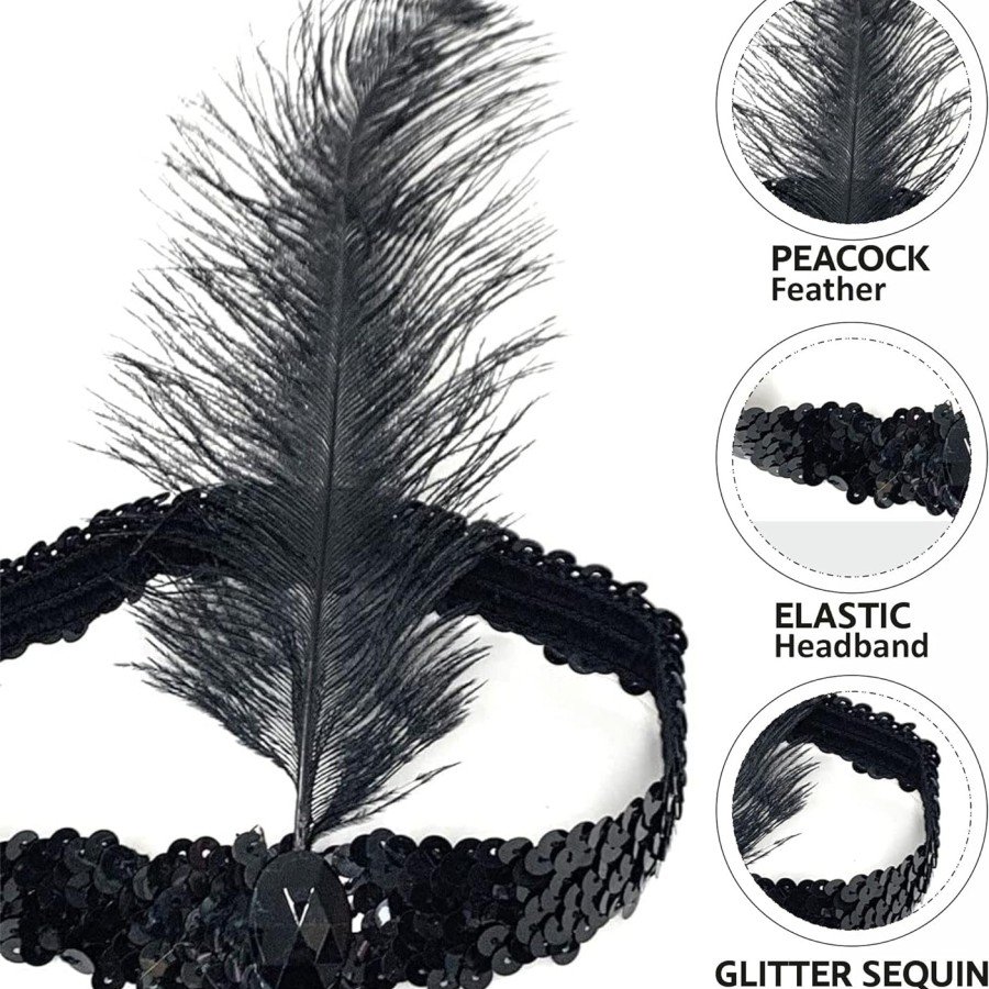 Black Color Charleston Headpiece 90 s 80 s Feather Hair Band