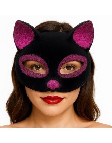 Black Color Fuchsia Glitter Suede Coated Cat Mask 18x14 cm
