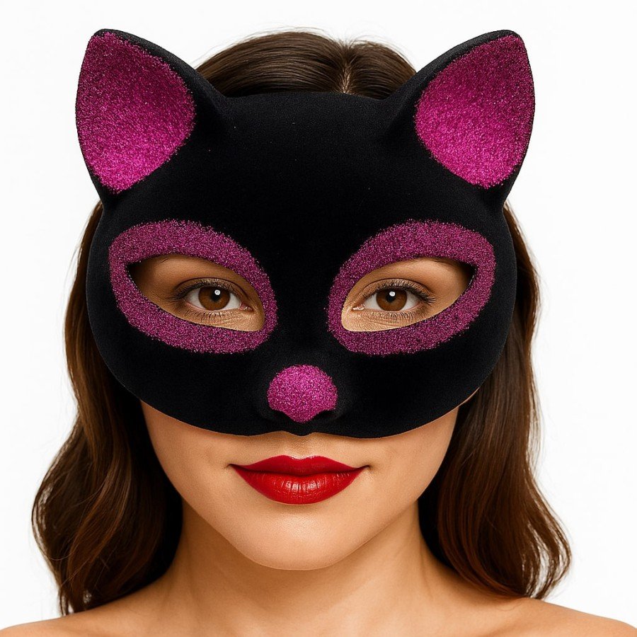 Black Color Fuchsia Glitter Suede Coated Cat Mask 18x14 cm