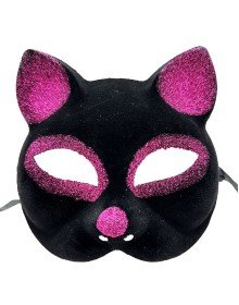 Black Color Fuchsia Glitter Suede Coated Cat Mask 18x14 cm
