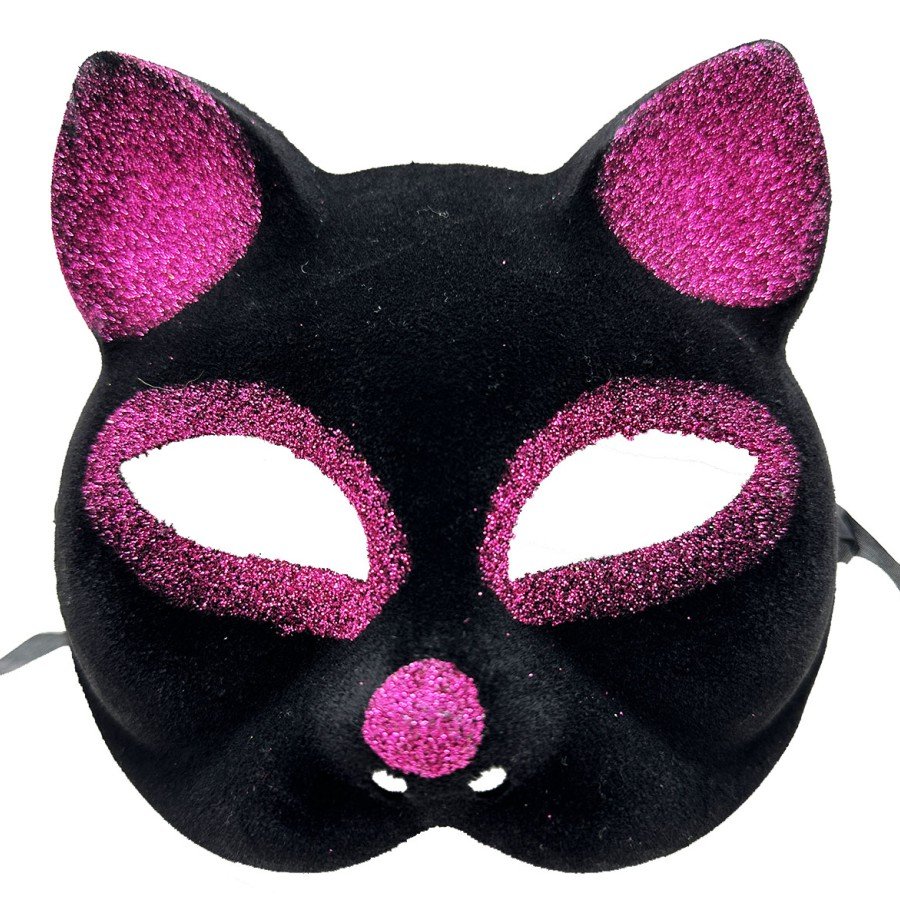 Black Color Fuchsia Glitter Suede Coated Cat Mask 18x14 cm
