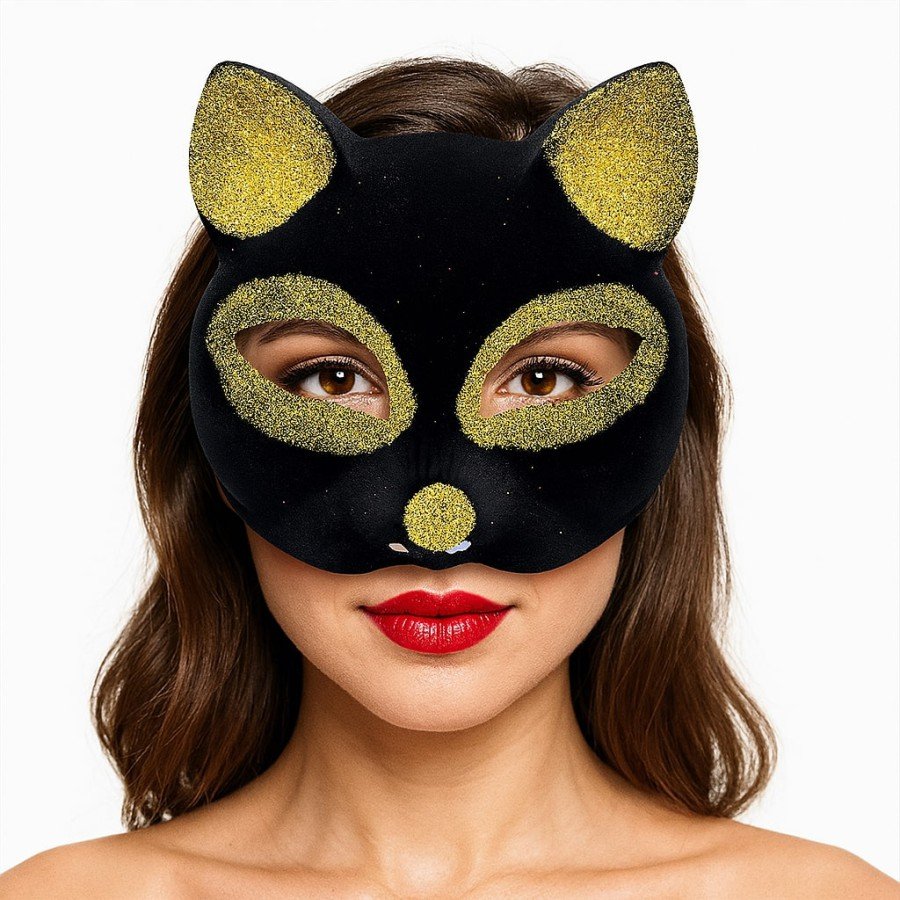 Black Color Gold Glitter Suede Coated Cat Mask 18x14 cm