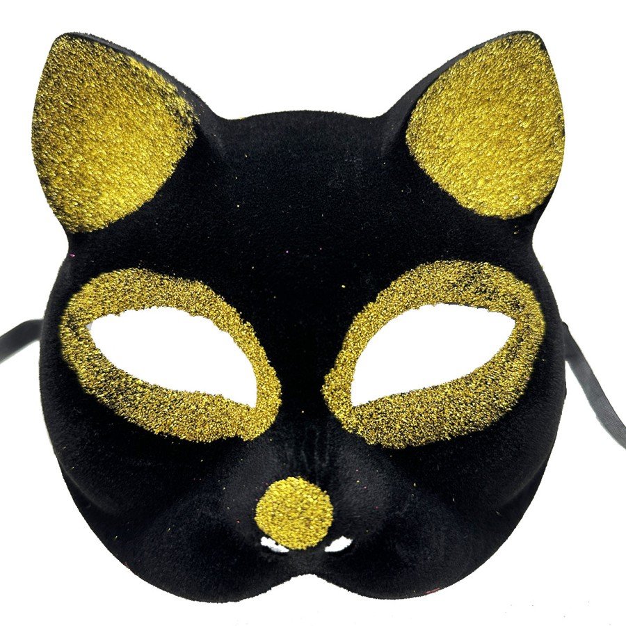 Black Color Gold Glitter Suede Coated Cat Mask 18x14 cm