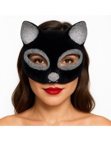 Black Color Silver Glitter Suede Coated Cat Mask 18x14 cm
