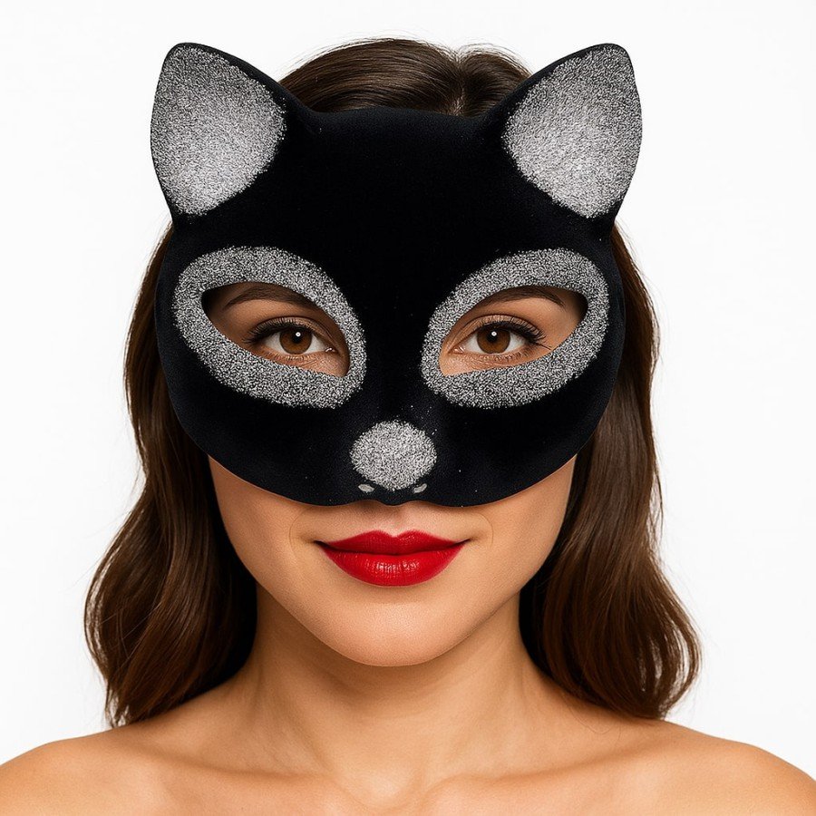 Black Color Silver Glitter Suede Coated Cat Mask 18x14 cm