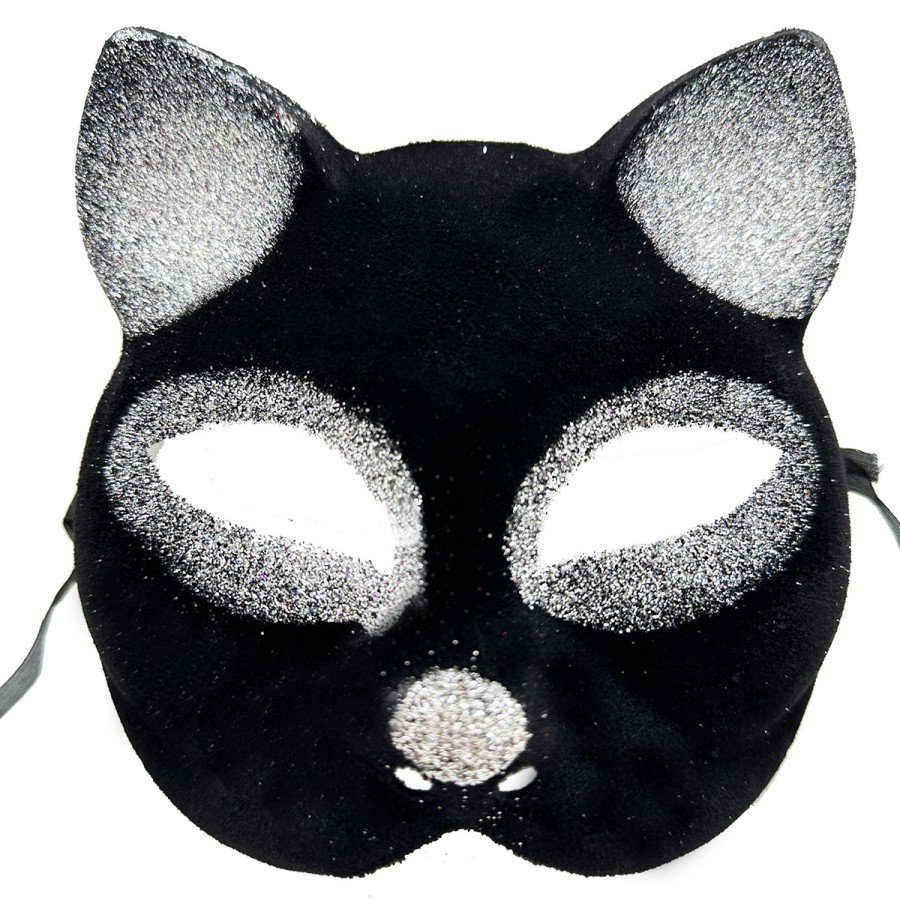 Black Color Silver Glitter Suede Coated Cat Mask 18x14 cm