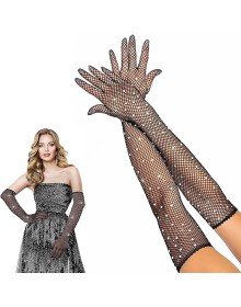 Black Color Pearled and Diamond Embroidered Mesh Knitted Long Gloves 45 cm