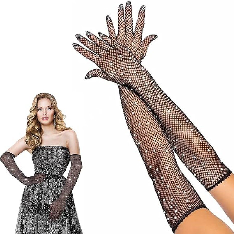 Black Color Pearled and Diamond Embroidered Mesh Knitted Long Gloves 45 cm