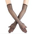 Black Color Pearled and Diamond Embroidered Mesh Knitted Long Gloves 45 cm