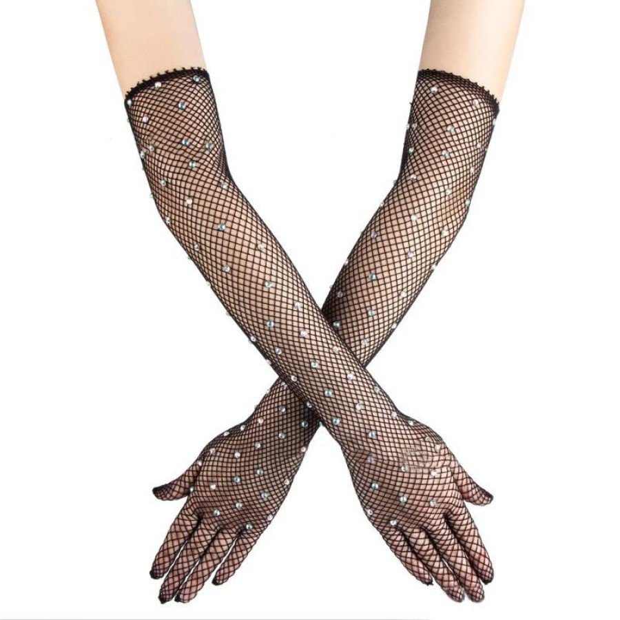 Black Color Pearled and Diamond Embroidered Mesh Knitted Long Gloves 45 cm