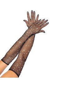 Black Color Pearled and Diamond Embroidered Mesh Knitted Long Gloves 45 cm