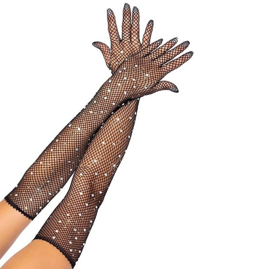 Black Color Pearled and Diamond Embroidered Mesh Knitted Long Gloves 45 cm
