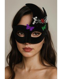Black Color Suede Coated Venetian Party Mask with Pearls and Stones 20x22 cm