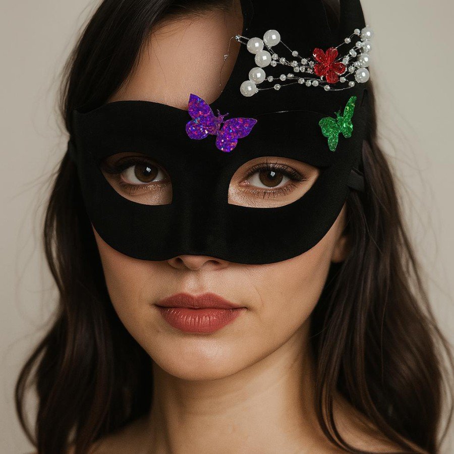 Black Color Suede Coated Venetian Party Mask with Pearls and Stones 20x22 cm