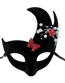Black Color Suede Coated Venetian Party Mask with Pearls and Stones 20x22 cm