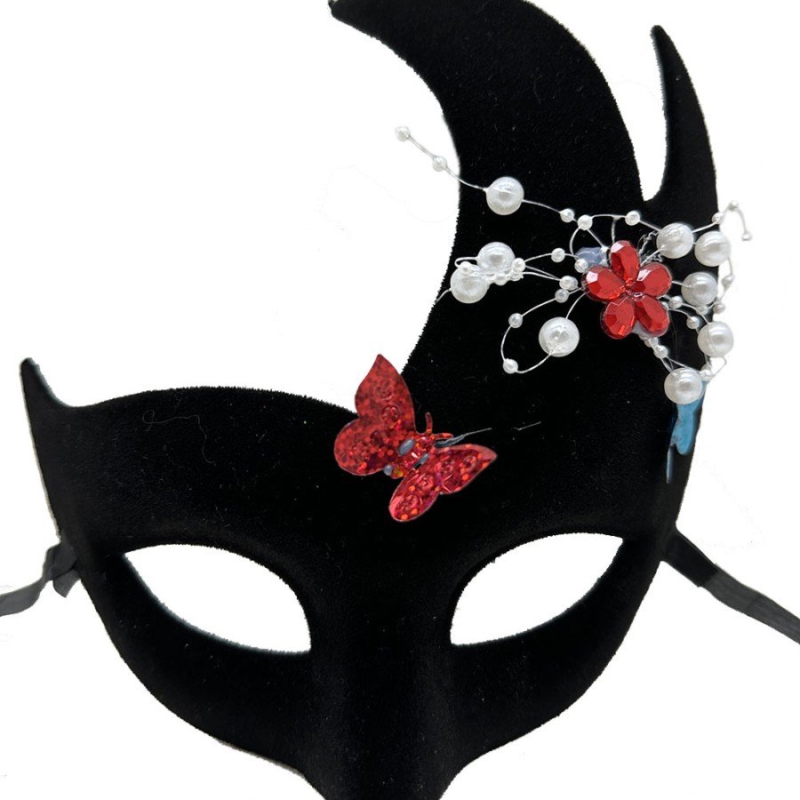 Black Color Suede Coated Venetian Party Mask with Pearls and Stones 20x22 cm
