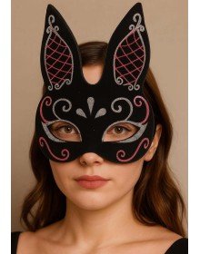 Black Color Red White Glitter Black Suede Coated Rabbit Mask 18x16 cm