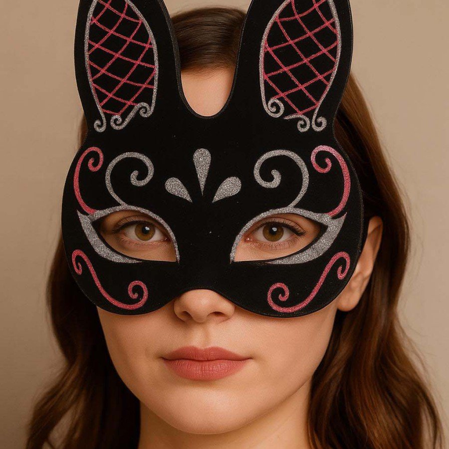 Black Color Red White Glitter Black Suede Coated Rabbit Mask 18x16 cm