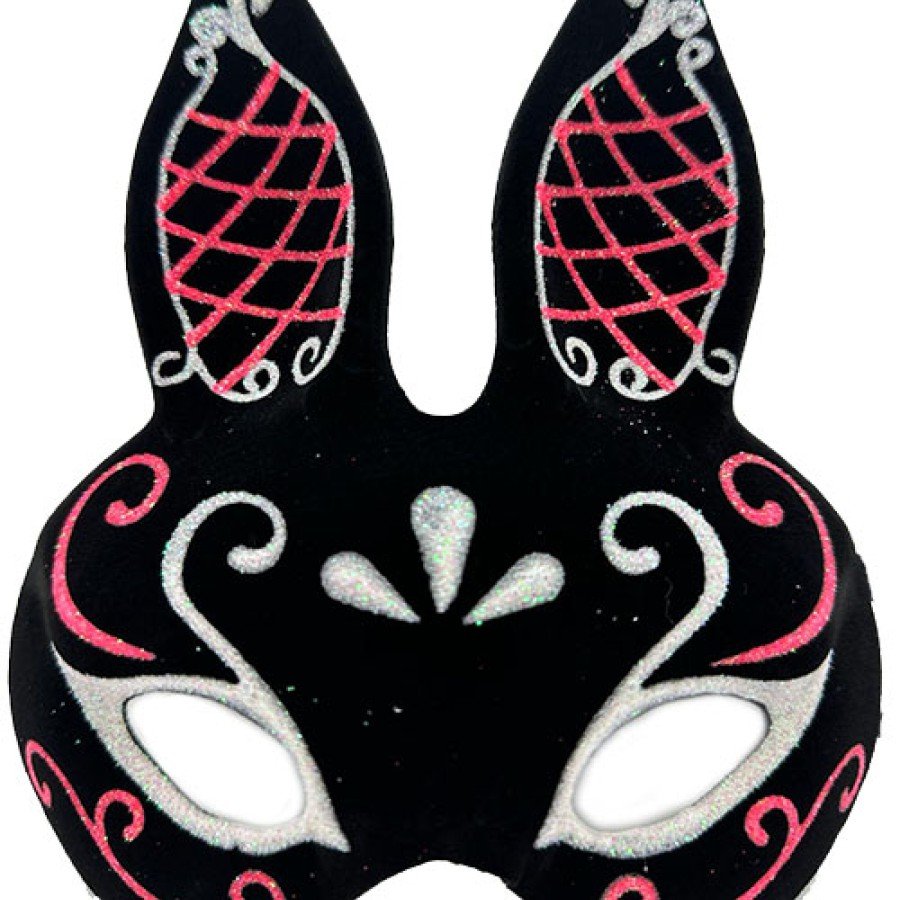 Black Color Red White Glitter Black Suede Coated Rabbit Mask 18x16 cm
