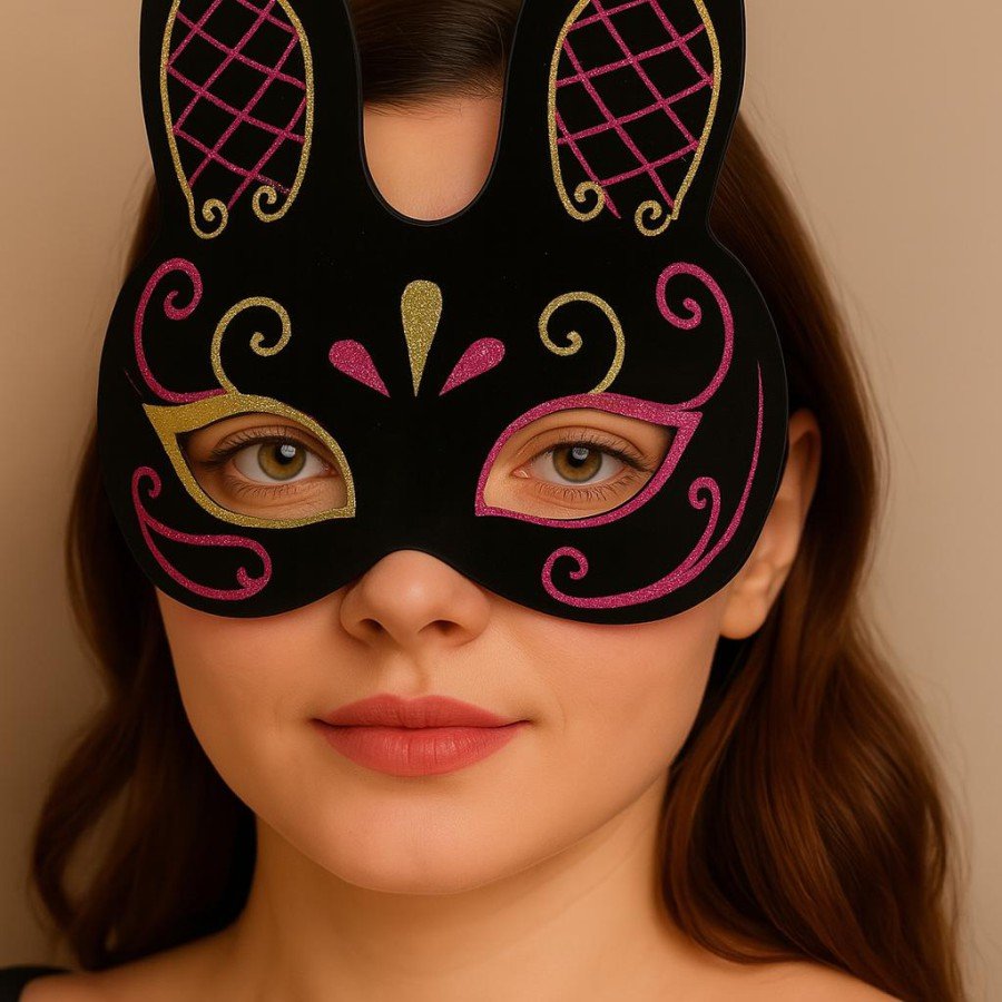 Black Color Red Gold Glitter Black Suede Coated Rabbit Mask 18x16 cm