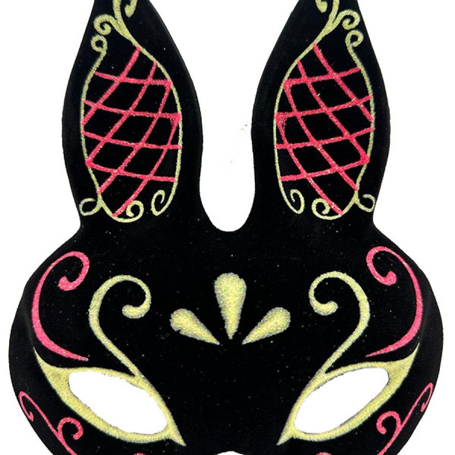 Black Color Red Gold Glitter Black Suede Coated Rabbit Mask 18x16 cm