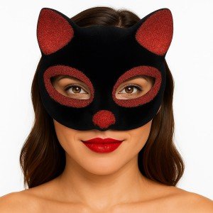 Black Color Red Glitter Suede Coated Cat Mask 18x14 cm