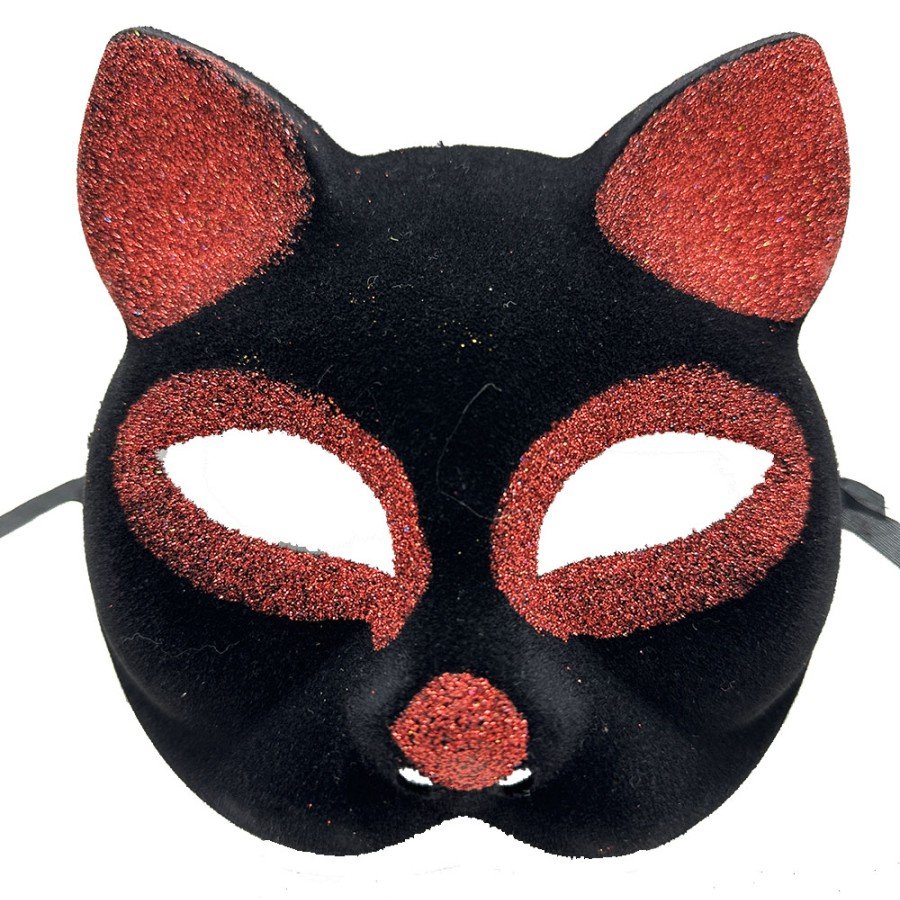 Black Color Red Glitter Suede Coated Cat Mask 18x14 cm