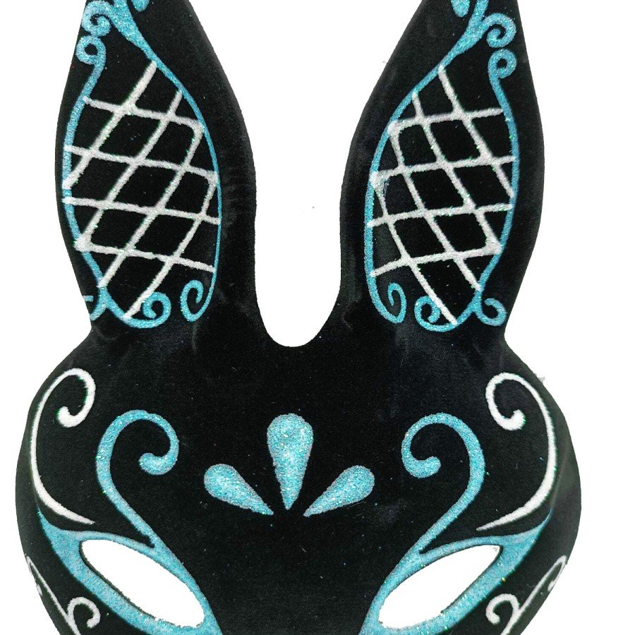 Black Color Blue White Glitter Black Suede Coated Rabbit Mask 18x16 cm