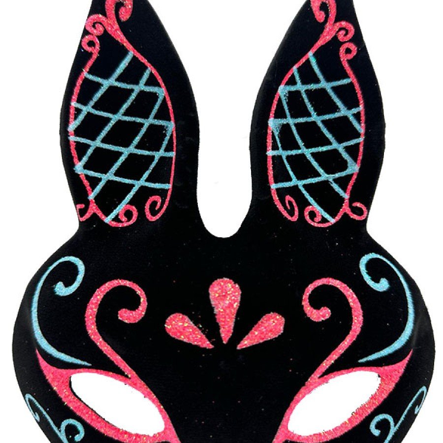 Black Color Blue Red Glitter Black Suede Coated Rabbit Mask 18x16 cm