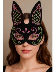Black Color Pink Gold Glitter Black Suede Coated Rabbit Mask 18x16 cm
