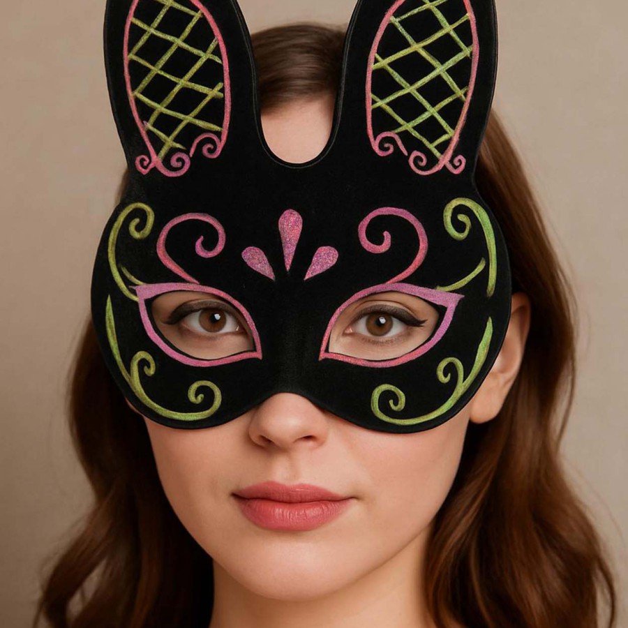 Black Color Pink Gold Glitter Black Suede Coated Rabbit Mask 18x16 cm