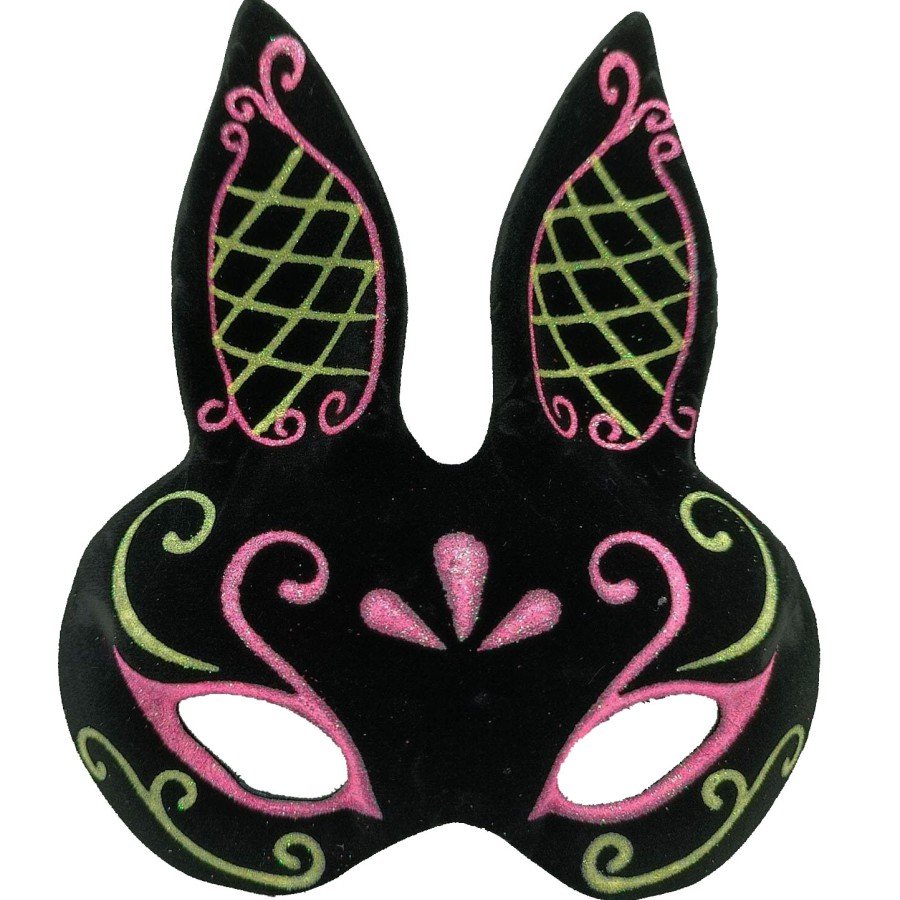 Black Color Pink Gold Glitter Black Suede Coated Rabbit Mask 18x16 cm
