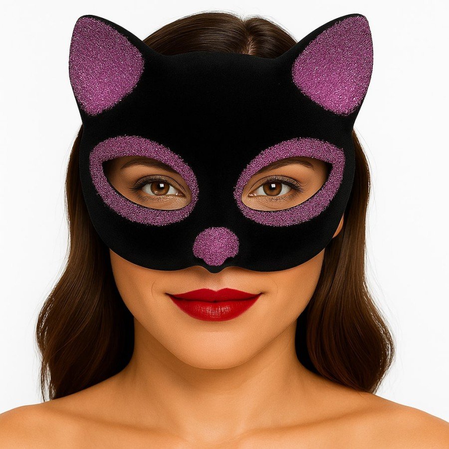 Black Color Pink Glitter Suede Coated Cat Mask 18x14 cm