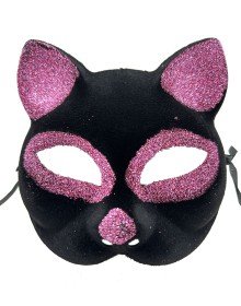 Black Color Pink Glitter Suede Coated Cat Mask 18x14 cm