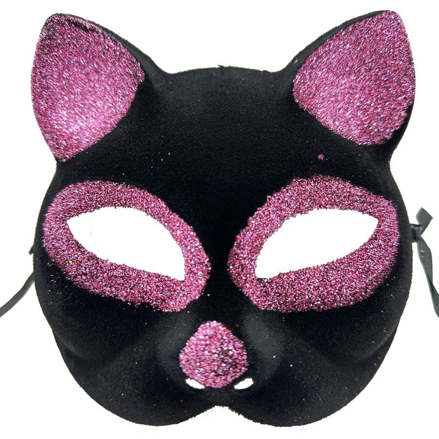 Black Color Pink Glitter Suede Coated Cat Mask 18x14 cm