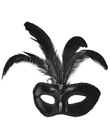 Black Color Patent Leather Coated Party Mask with Black Feathers 18x20 cm