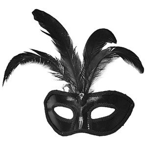 Black Color Patent Leather Coated Party Mask with Black Feathers 18x20 cm